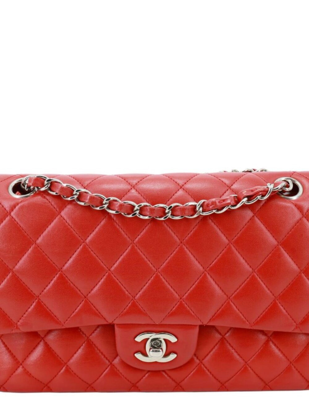 Chanel  Classic Double Flap Medium Quilted Lambskin Leather Shoulder Bag Red
